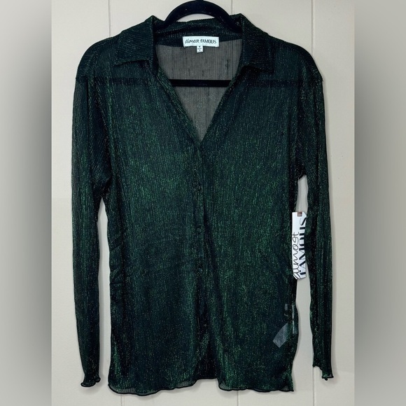 NWT Almost Famous Sheer Button Down Metallic Stripe Shirt Medium - Picture 1 of 8